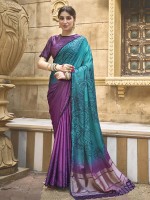 Purple And Teal Blue Gajji Silk Saree